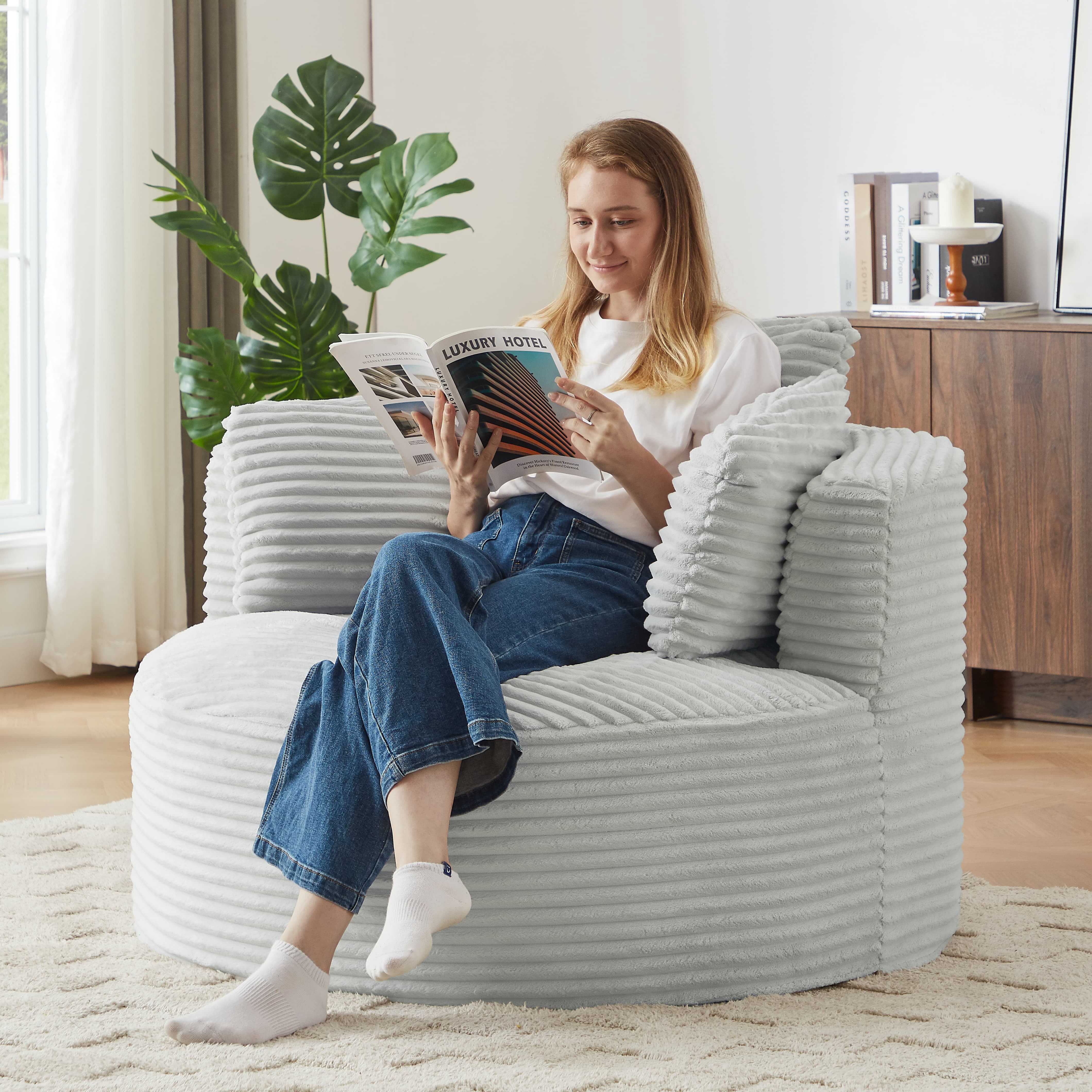 Aukfa Modern Corduroy Round Accent Chair, Compressible Chaise Lounge for Living Room & Bedroom, No Assembly,Gray