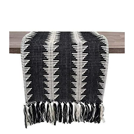 

Fennco Styles Reversible Geometric Canvas Cotton Table Runner with Tassels – 14”W x 71”L Black & White Table Cover for Dining Table Décor Banquets Holidays and Special Occasio