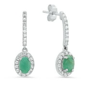 PARADE OF JEWELS Sterling Silver 6x4mm Oval Shape Genuine Emerald and White Topaz Drop Earrings