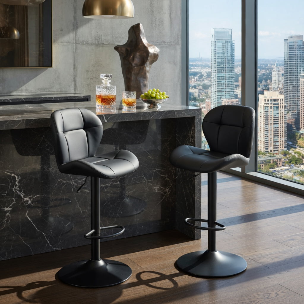 Hommoo 2-Pack Height-Adjustable Bar Stools with Tufted PU Upholstery, Metal Frame & Footrest, Ideal for Kitchen Islands, Home Bars & Pubs, Black