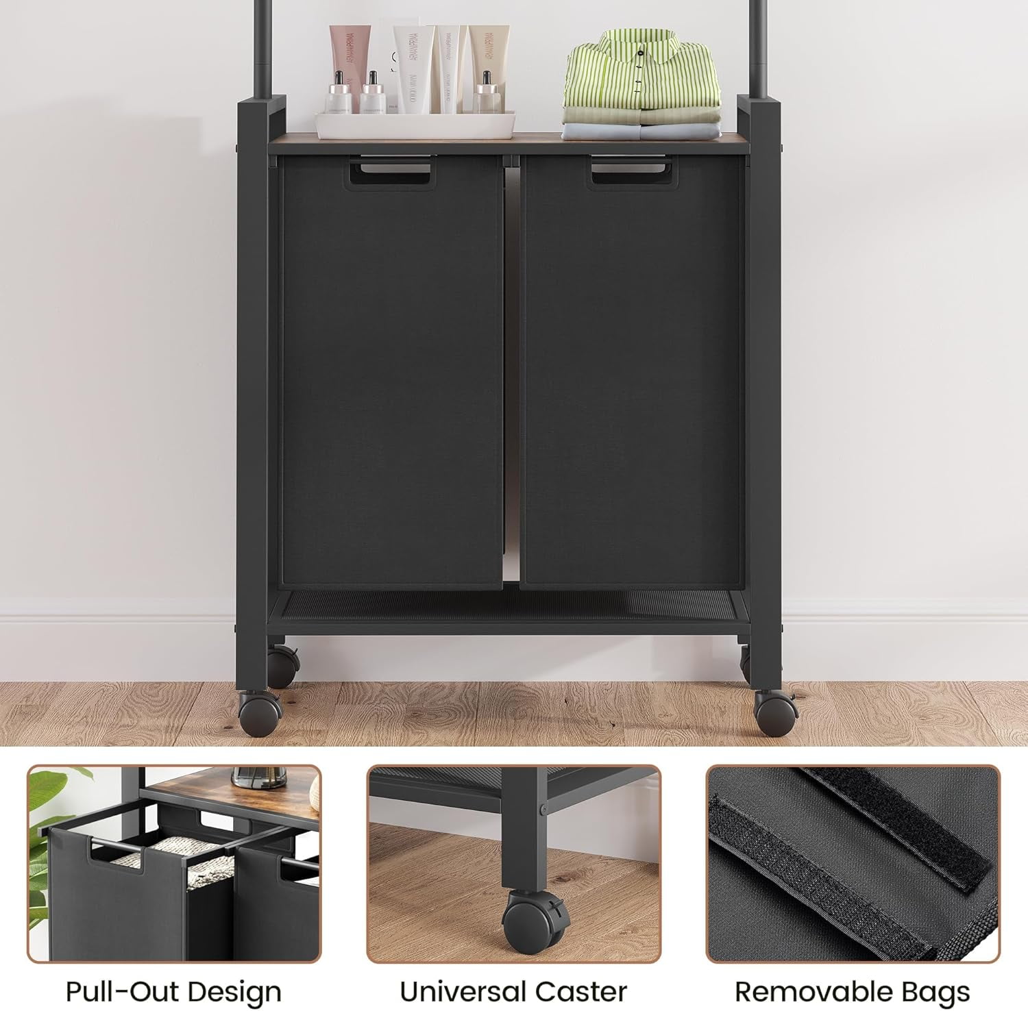 Laundry Hamper Sorter with Retractable Hanging Rod & Locking Wheels - Heavy Duty Laundry Room Organizer with Shelf，2 Hamper