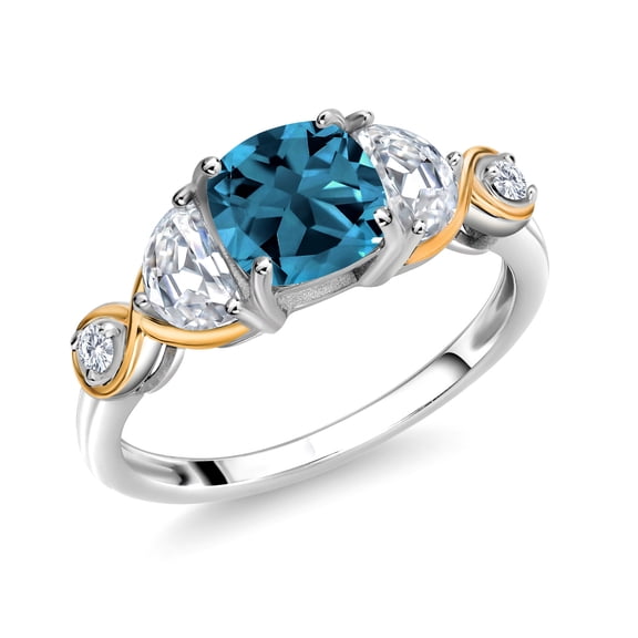 Gem Stone King 925 Silver and 10K Yellow Gold Cushion Topaz Half Moon Moissanite and Lab Grown Diamond 3-Stone Ring (1.84 Cttw, Gemstone Birthstone, Size 6)