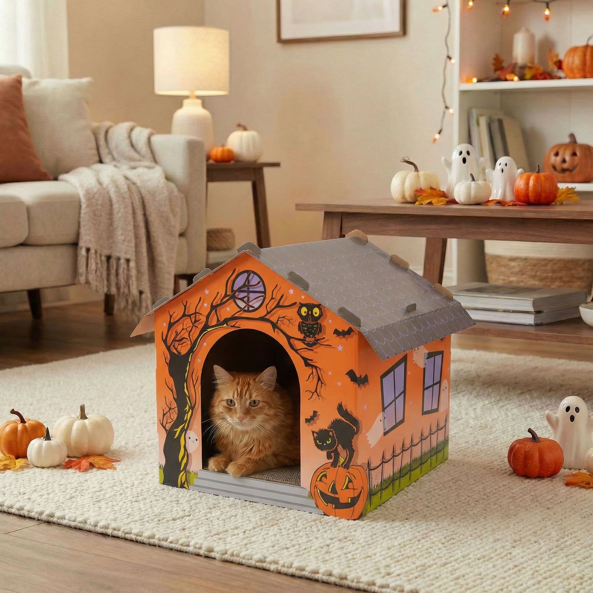 Kitty City Halloween Haunted Indoor Cat Scratcher House, Orange, One Size