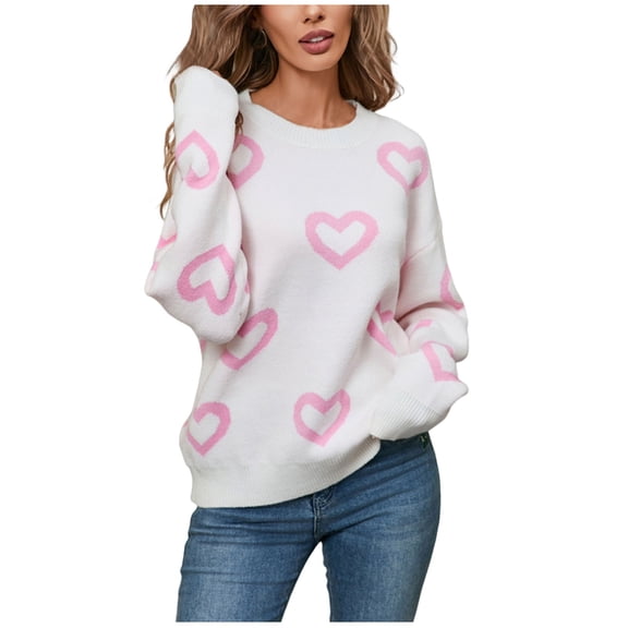 QTBIUQ Sweater Womens Fashion Casual Valentine's Day Sweater Fashion Large Size Knitwear White