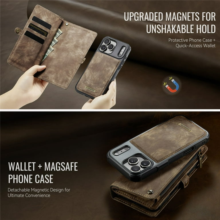 CaseMe Leather Case for iPhone 17 Pro,2 in 1 Detachable Wallet Case with  8-Card Holder Zipper Bills Slot,Magnetic Shockproof Flip Leather Cover  Zipper Pocket Phone Cases,Brown,For iPhone 17 Pro - Walmart.com