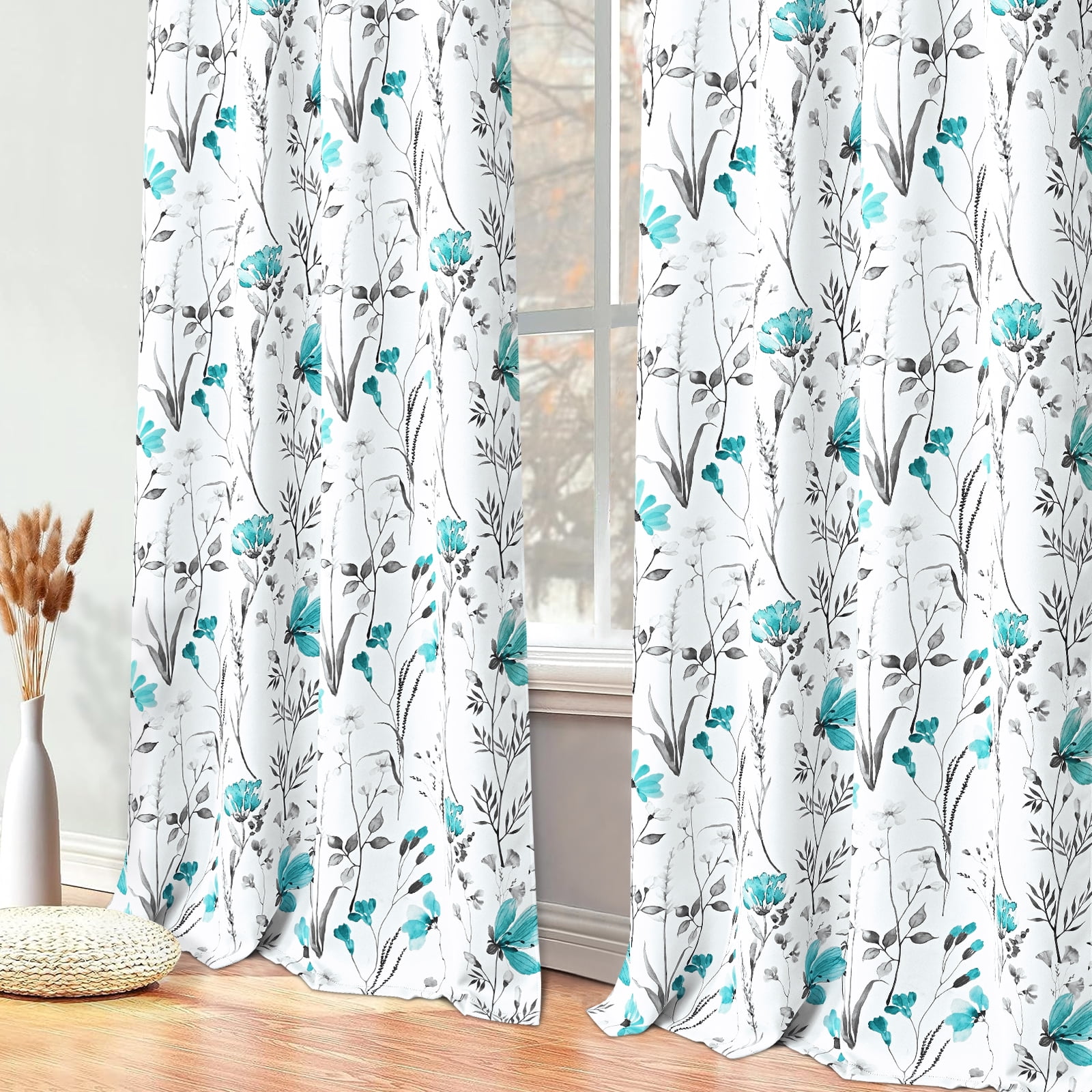 Alishomtll Teal Floral Blackout Curtains for Living Room Bedroom Energy Efficient Thermal Insulated Grommet Window Drapes, 52"x 84",Set of 2