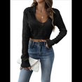 thumbnail image 1 of Suéter de Punto de Larga con Cuello en V para Mujer, Top Corto de Crochet Calado, para Playa Negro S, 1 of 8