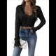 thumbnail image 1 of Suéter de Punto de Larga con Cuello en V para Mujer, Top Corto de Crochet Calado, para Playa Negro S, 1 of 8