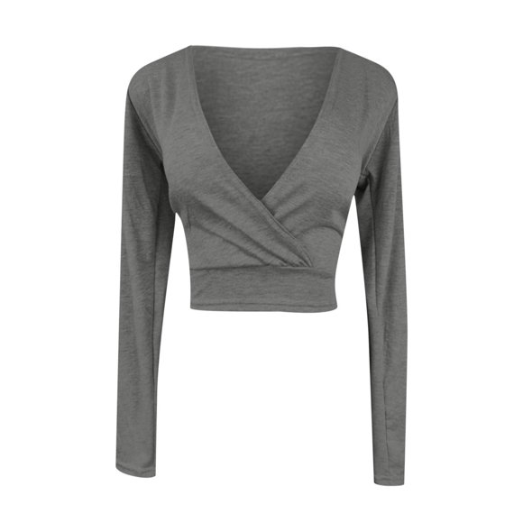 AherBiu Crop Tops for Women Long Sleeve Wrap Deep V Neck Basic Top Tees Shirts Blouse Solid Color