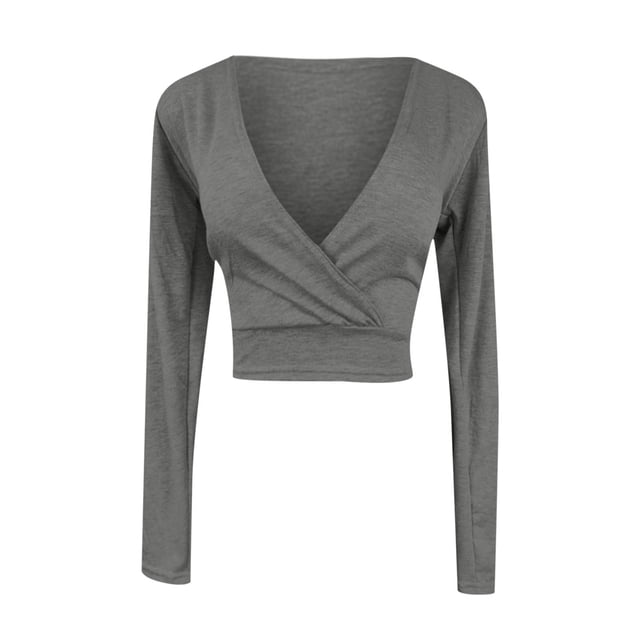 Timegard Hauts de Sortie pour Femmes Col en V Profond Manches Longues Hauts Courts Confortables Automne Décontracté T-Shirt Ajusté Hauts