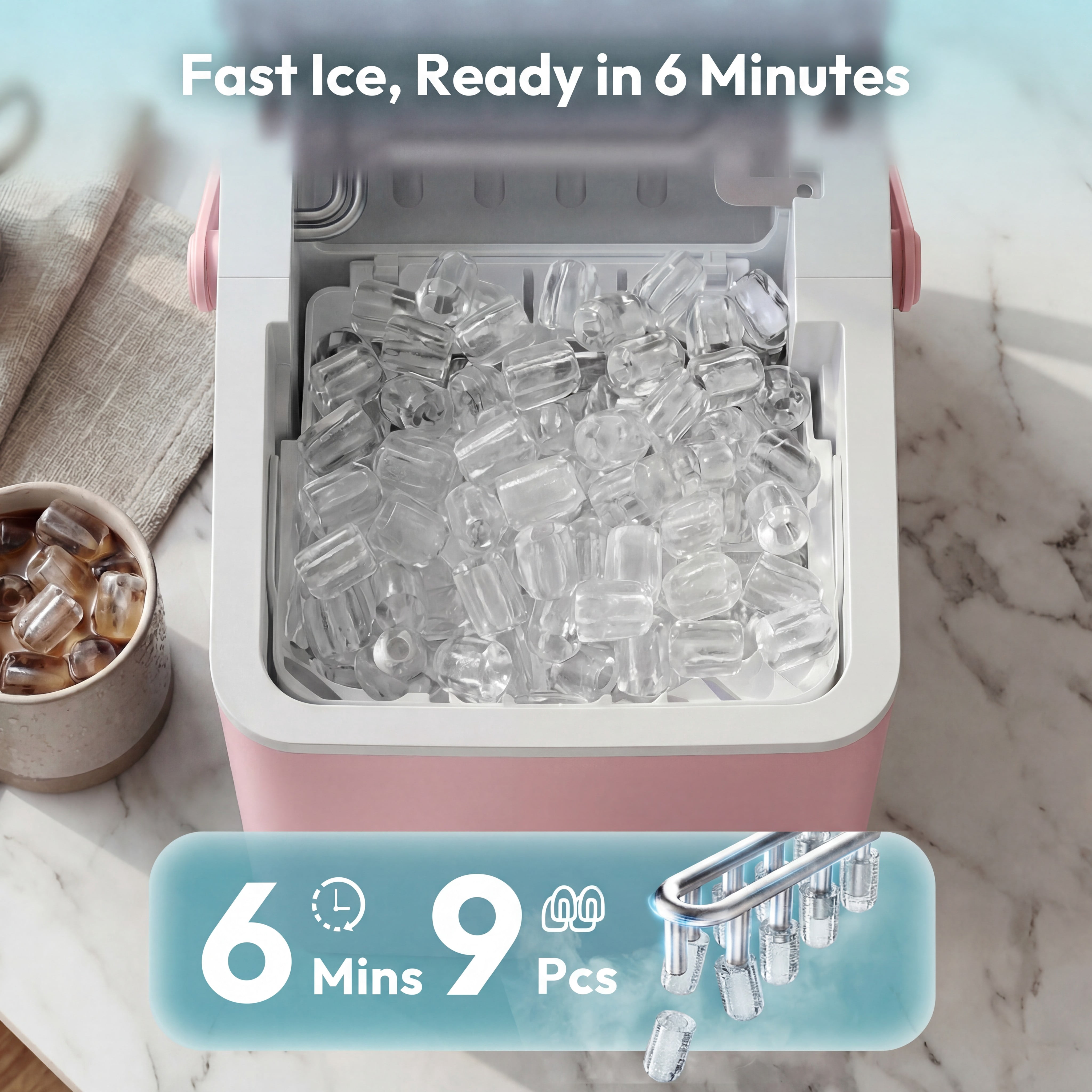EUHOMY Countertop Ice Maker, 26 lbs/Day Portable Bullet Ice Machine, Self-Cleaning, Compact Design, Pink