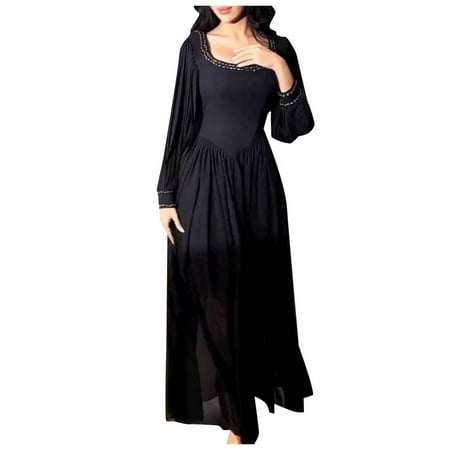

toraway Summer Casual Dress Shoes Wide Ladies Temperament Sexy High Waist Long Sleeve Nail Pearl Chiffon Dress M