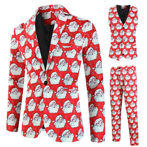 UVEASISHA Christmas Suits for Men Santa Claus Printed Party 3 Piece Suit Xmas Holiday Slim Fit Blazer Jacket Sleeveless Vests Long Pants Outfit Sets Clearance Sales Today,Red,L
