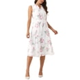 thumbnail image 2 of Vestido sin mangas floral de verano Inspire Chic para mujer, con cinturón y largo hasta la rodilla, vestido de gasa tipo swing en blanco, 2 of 6