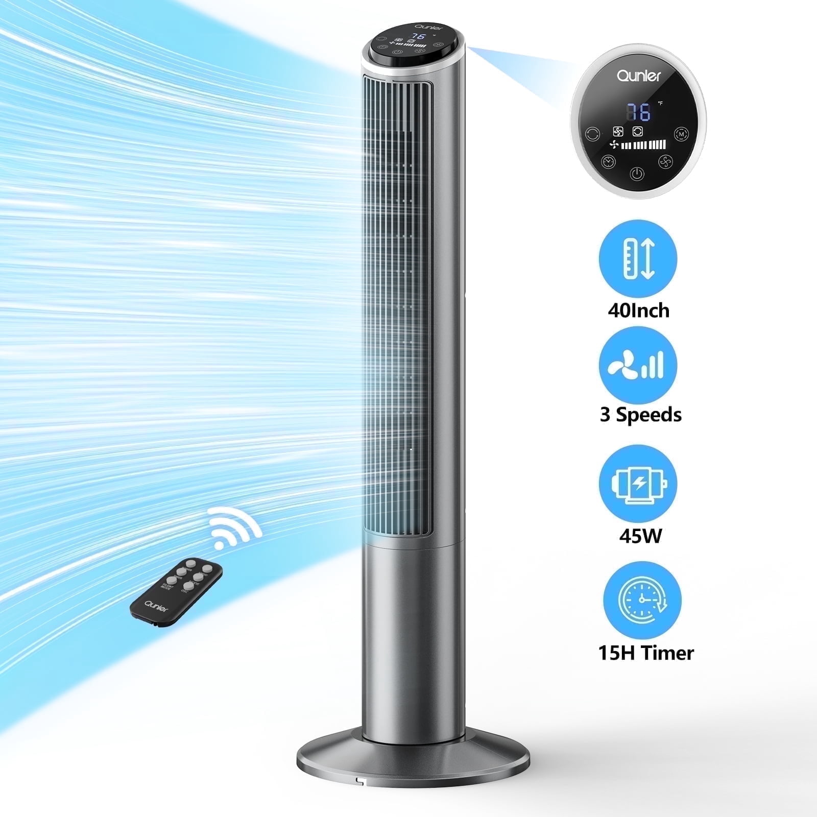 Qunler Tower Fan with Remote, 40" Bladeless Fan for Home, 70° Oscillation, 3 Speeds, 2 Modes, 15H Timer Quiet AC Motor Floor Fan for Bedroom, Office, Gray