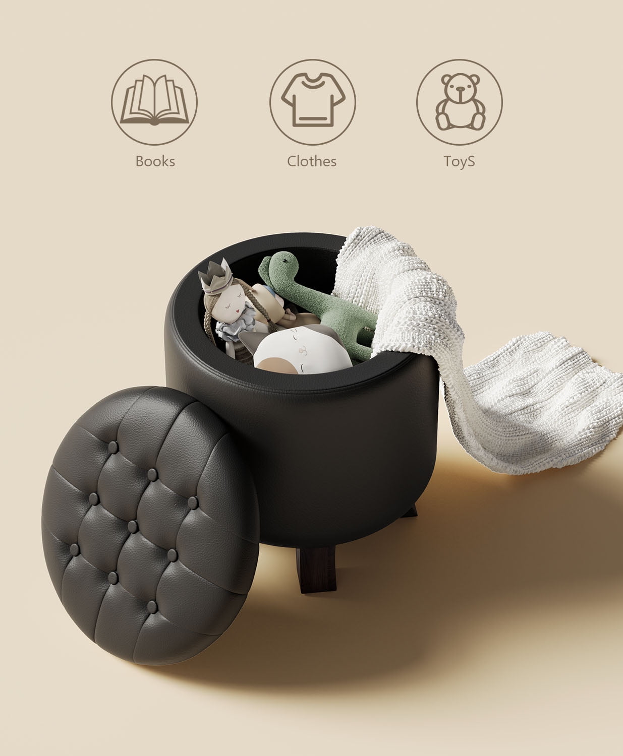 OSM Ottoman,Round Leather Foot Rest Stool, Upholstered Small Ottoman Chair with Storage for Living Room & Bedroom, Decorative Home Furniture, Black