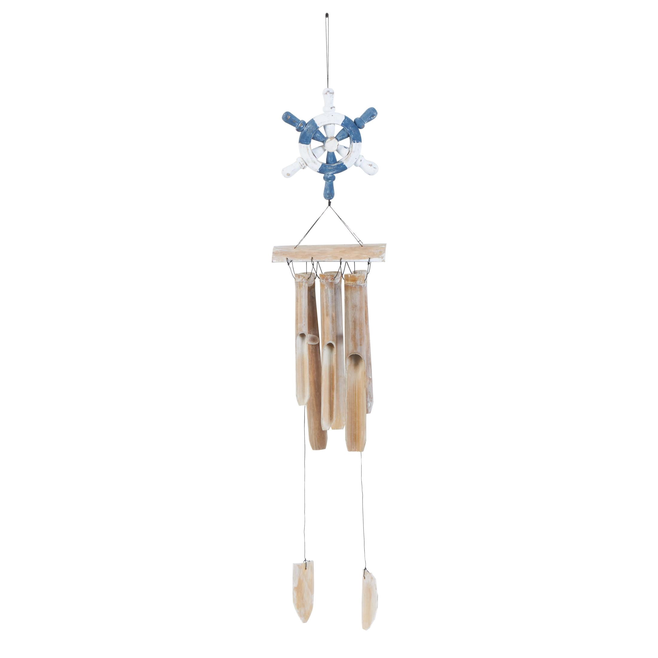 DecMode 36" Blue Bamboo Wood Handmade Ship Wheel Windchime with Log Chimes