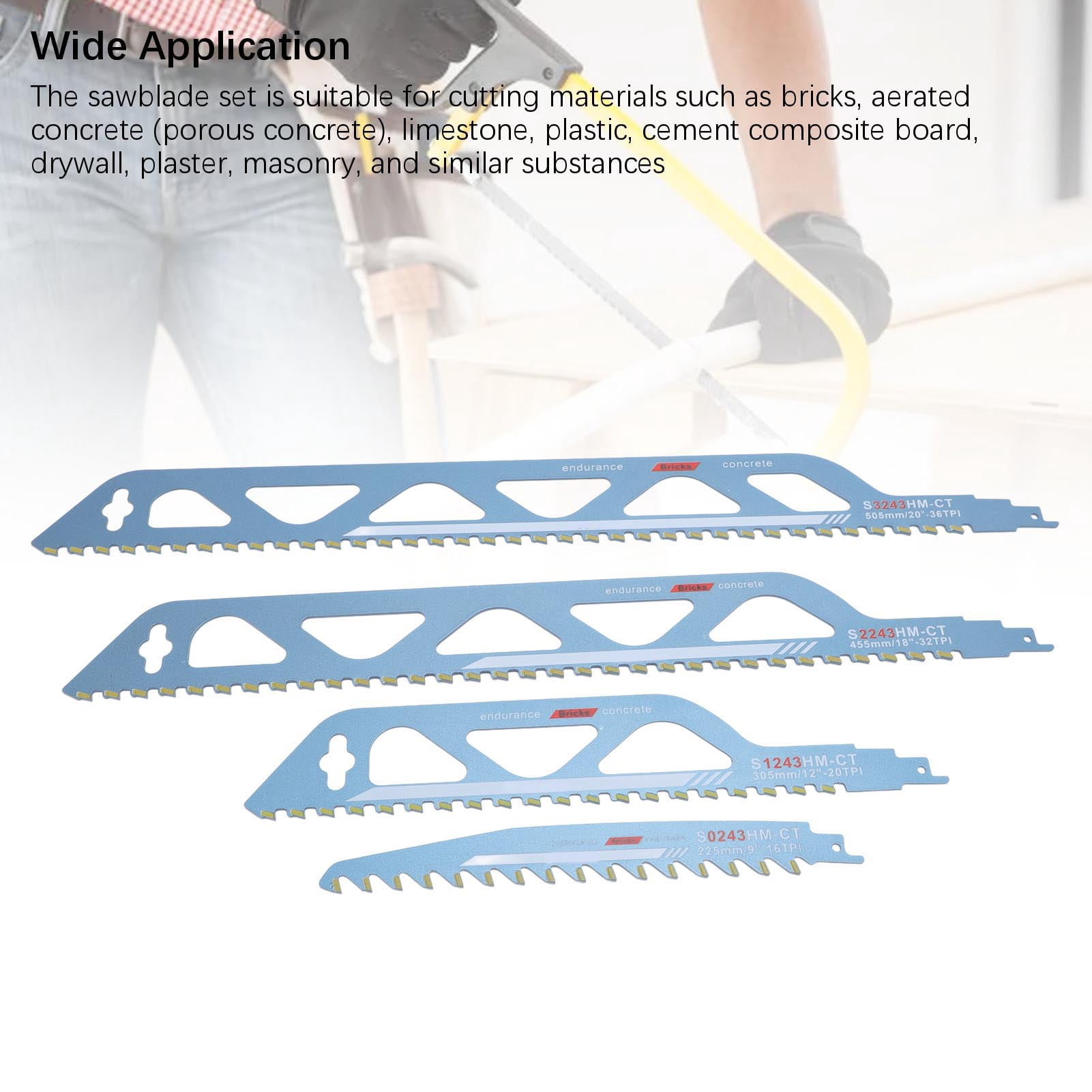 Yajisi 4PCS Reciprocating Saw Blades Set 9 12 18 20 Inches / 22.8 30.5 45.7 50.8 cm Carbide Cutting Sawblades for Concrete Brick Stone Plastic Heavy Duty
