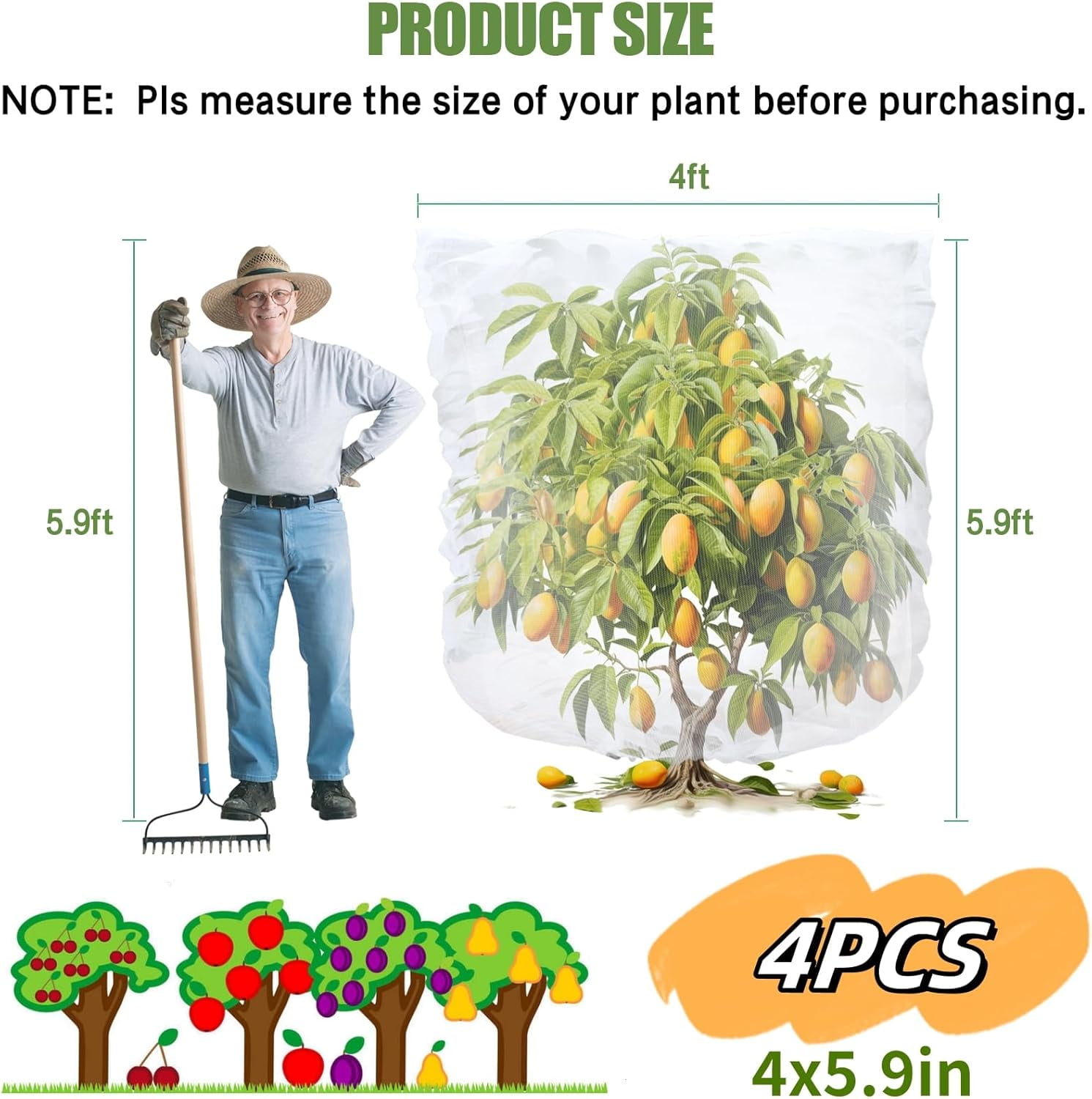 4PCS Bird Netting for Blueberry Bushes 4x5.9FT,Fruit Trees Mesh Bag with Drawstring Garden Insect Nettings Pest Barrier Netting Plant Row Cover White Mosquito Net for Fruit/Flower/Herb/Vegetables
