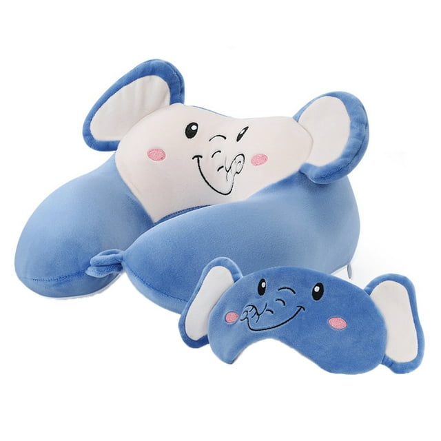 Almohada de viaje con espuma viscoelástica para el cuello, diseño ergonómico, estilo de dibujos animados, portátil, con correa a presión para niños (azul), artículos esenciales de viaje