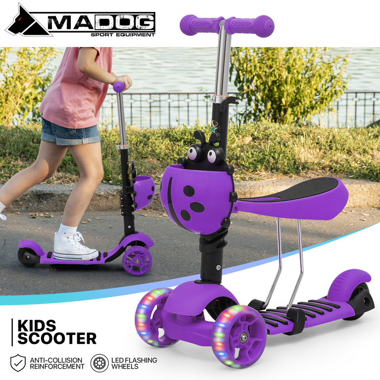 MADOG Kids Scooter Kick Scooter with Removable Seat Adjustable Height LED Flashing Wheels Scooter with Ladybug Basket for 3 6 Years Old Boys Girls
