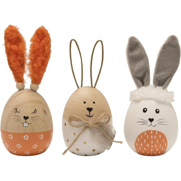 Set Of 3 Easter Egg Decorations for Home Indoor, Wooden 5.9"H Decorative Easter Bunny Eggs Figurines, Spring Table Centerpieces Living Room Tabletop Tiered Tray Mantel Shelf Office Desk Decor