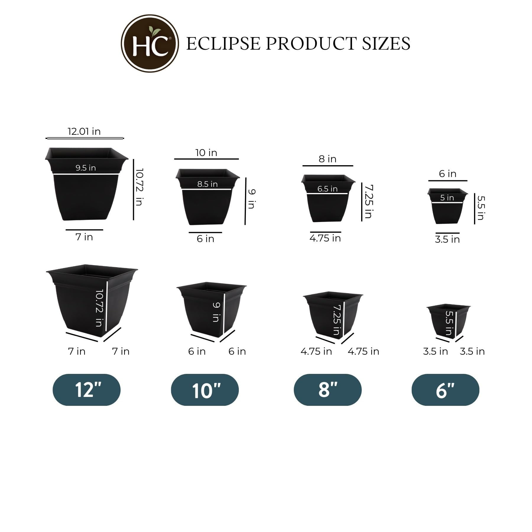 The HC Companies Eclipse Square Planter - Drainage Holes - 8", Black