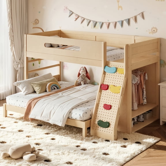 ChenyueFurn Twin XL Over Queen Bunk Bed with Built-in Wardrobe