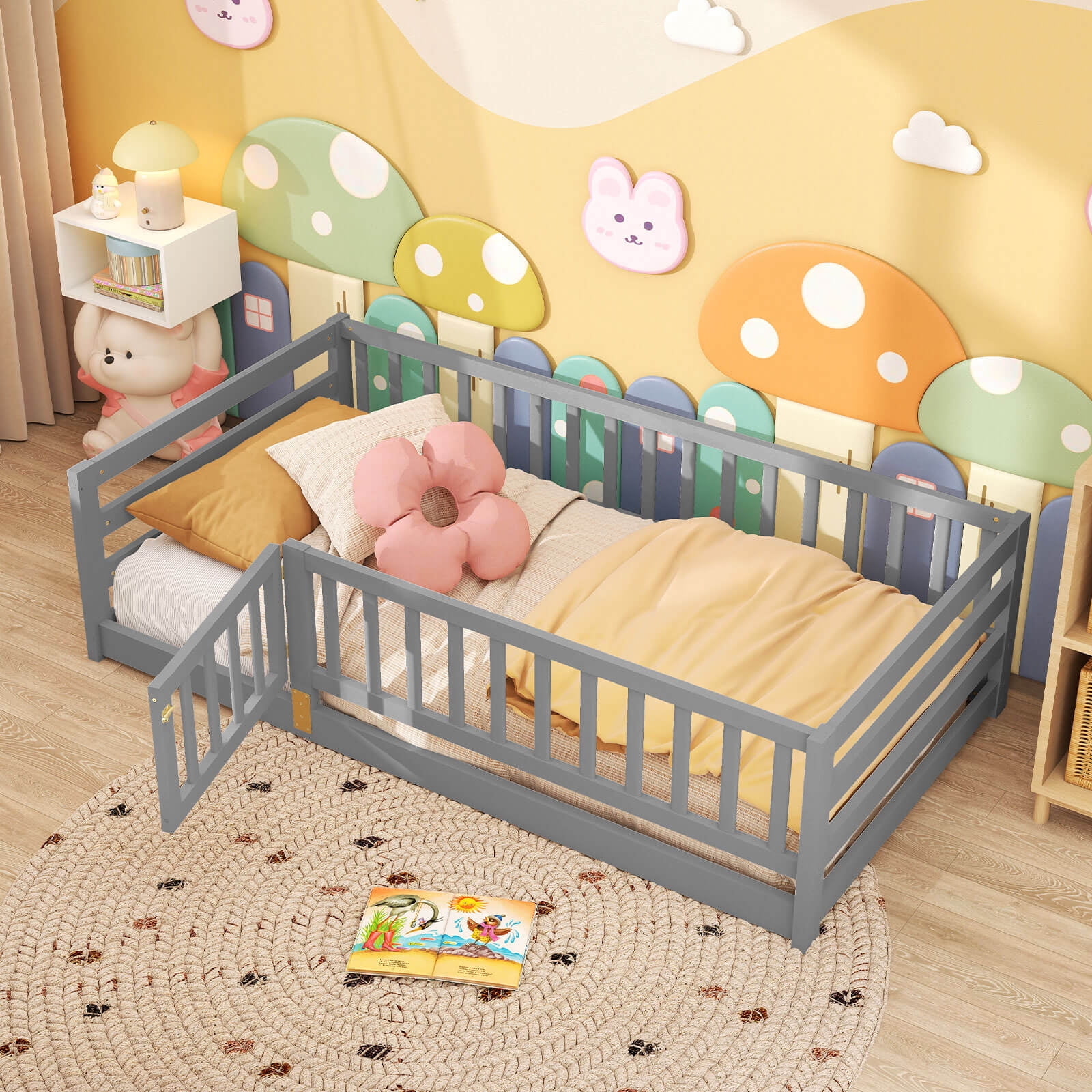 Infans Twin Size Floor Bed w/High Fence & Door Safety Guardrails Wood Floor Bed Frame