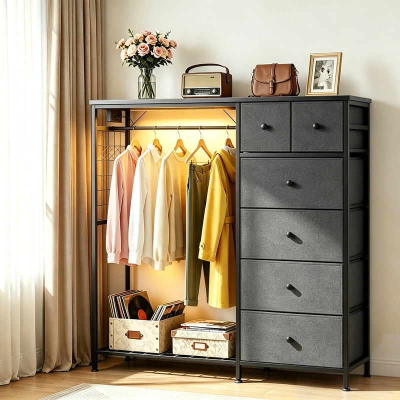 Simenmax 6-Drawer Storage Closet with LED Lights & Charging Station, 49.2" Wide Wooden Wardrobe Rack with Fabric Bins,Portable Clothing Organizer for Bedroom, Entryway, Gray