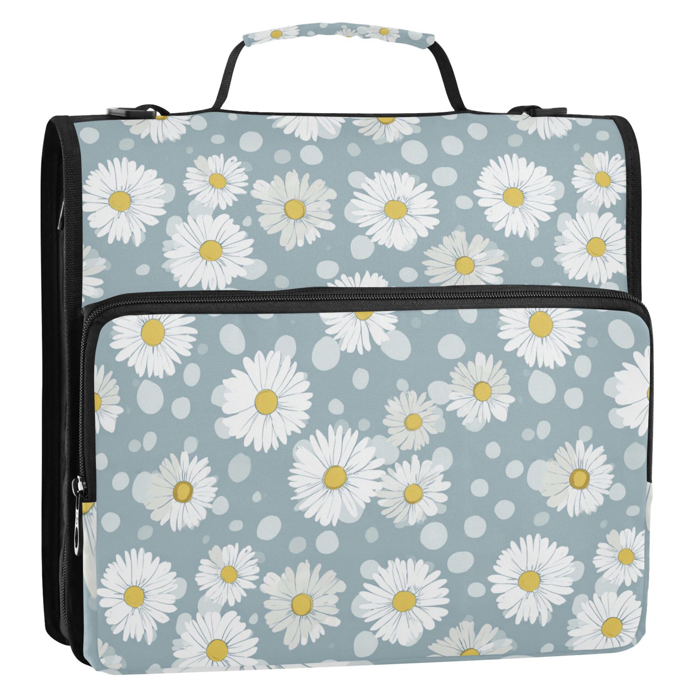 Zipper Binder Daisy Blue and White 1.5 Inch Binder Folder Bag with Shoulder Strap and Handle