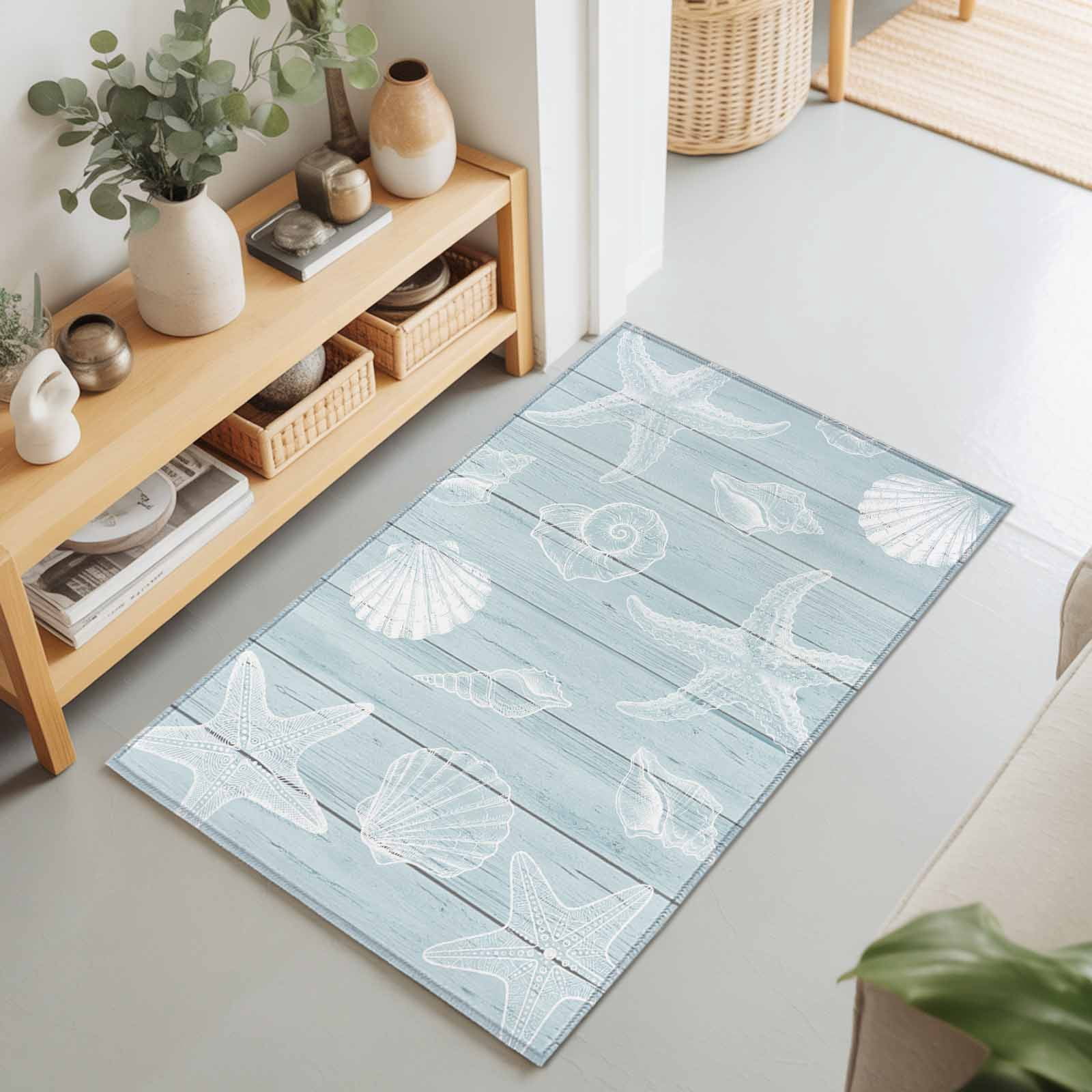 Entryway Rug 2'x3', Ocean Beach Kitchen Runner Rugs Non-Slip Carpet Mats, Summer Coastal Starfish Shell Conch Wooden Green Bedside Rugs Runners Washable Floor Carpet for Bathroom Laundry Room