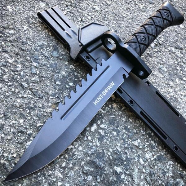 13.5" Black Survival FIXED BLADE HUNTING Bowie KNIFE w/ SHEATH Camping