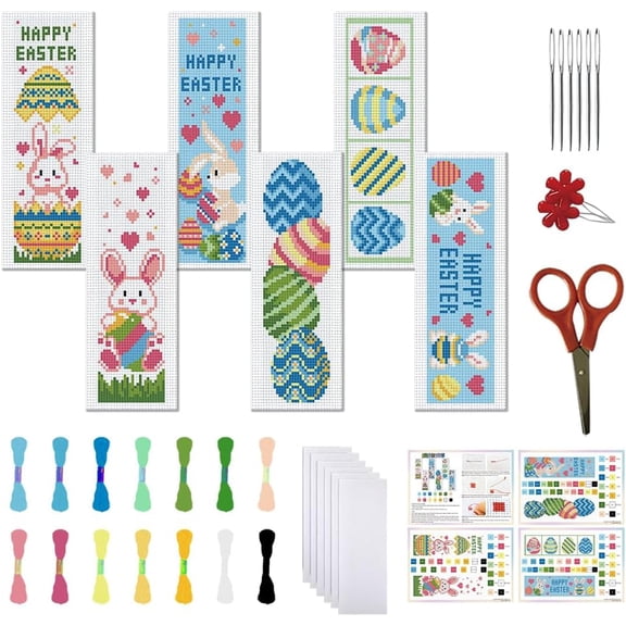 "6 Set Easter Eggs Pattern Stamped Cross Stitch Bookmark Kits with Clear Instructions DIY Embroidery Bookmarks for Adults Beginners