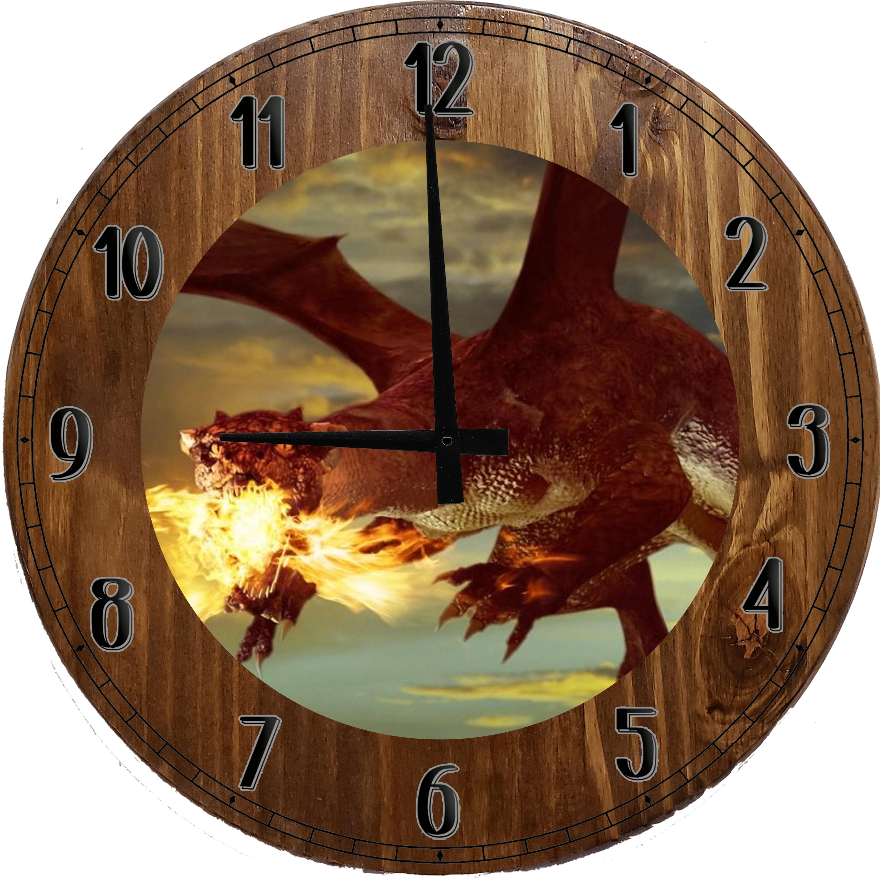 Wood Wall Clock 12 Inch Fire Breathing Dragon Wall Art Sci Fi Round ...