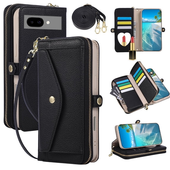 Wallet Case for Google Pixel 10a 6.3-inch, Litchi Leather Flip Zipper Purse Cover with Card Holder, Heart Makeup Mirror, Crossbody Lanyard, Kickstand Shockproof Protective Phone Case ﻿,Black