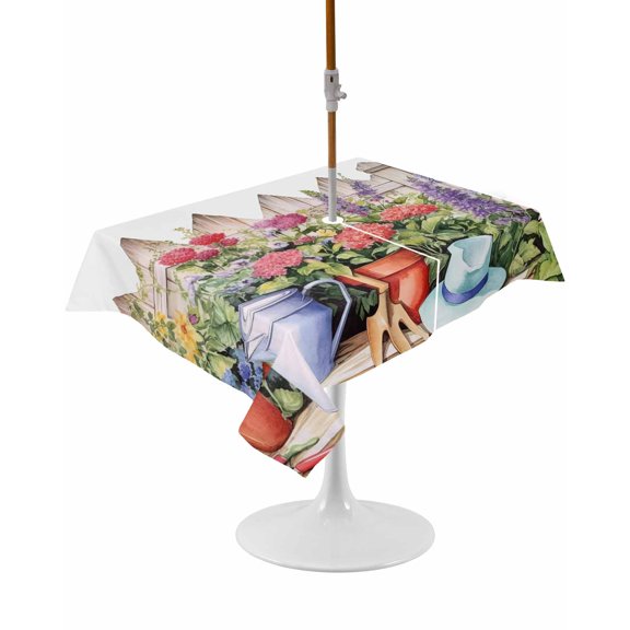 Outdoor Table Cloth with Umbrella Hole and Zipper, Colorful Spring Floral Waterproof Rectangle Tablecloth 54"x80", Summer Flowers Botanical Washable Table Cover for Outside Party Patio Picnic