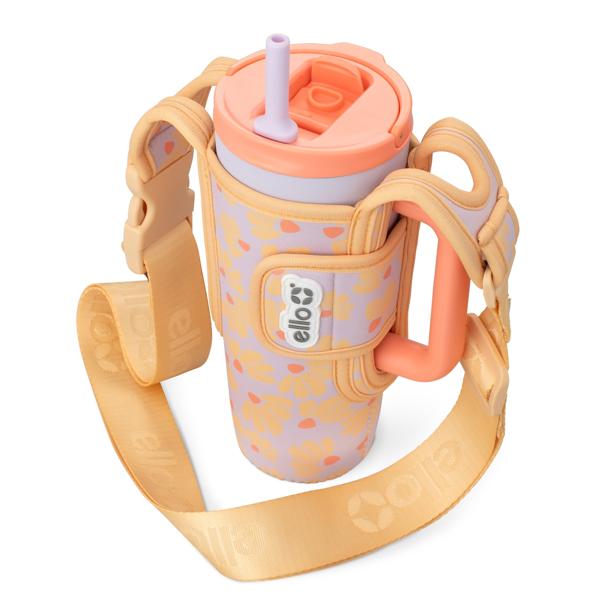 Ello Ultra Clean 24oz Stainless Steel Tumbler with Handle and Bottle Bag Sling with Adjustable Strap, Floral Tango