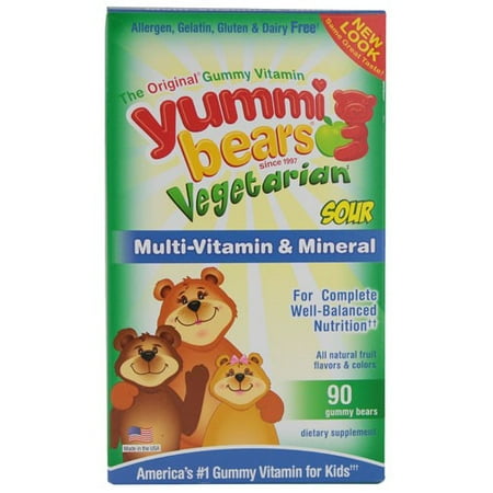 Yummi Bears Multi-Vitamin and Mineral Gummy Bears, Vegetarian Sour Natural Fruit, 90