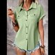 thumbnail image 4 of Camisa Plisada de Corta con Botones para Mujer, Blusa Informal de Negocios de Corte Entallado con Bolsillo, Verano 2025. Verde XL, 4 of 9