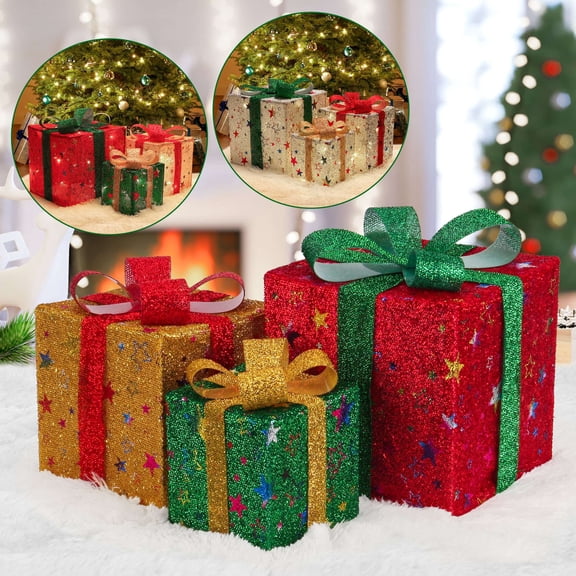 Spencer Christmas Decorations, Set of 3 Festive Lighted Gift Boxes for Stunning Holiday Decor, LED Light up Xmas Present Ornament for Tree Indoor Outdoor Yard Door