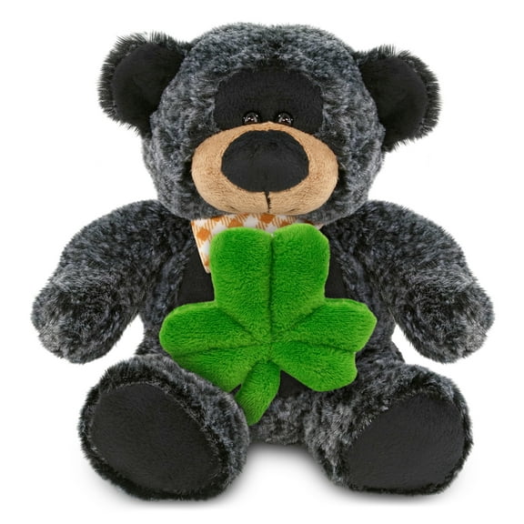 DolliBu Super Soft Sitting Black Bear Stuffed Animal with Green Plush Shamrock, Cute Green Shamrock Plush, Fun St Patricks Day Stuffed Animal, Good Luck St Patricks Day Toys for Kids, Baby - 9 Inch