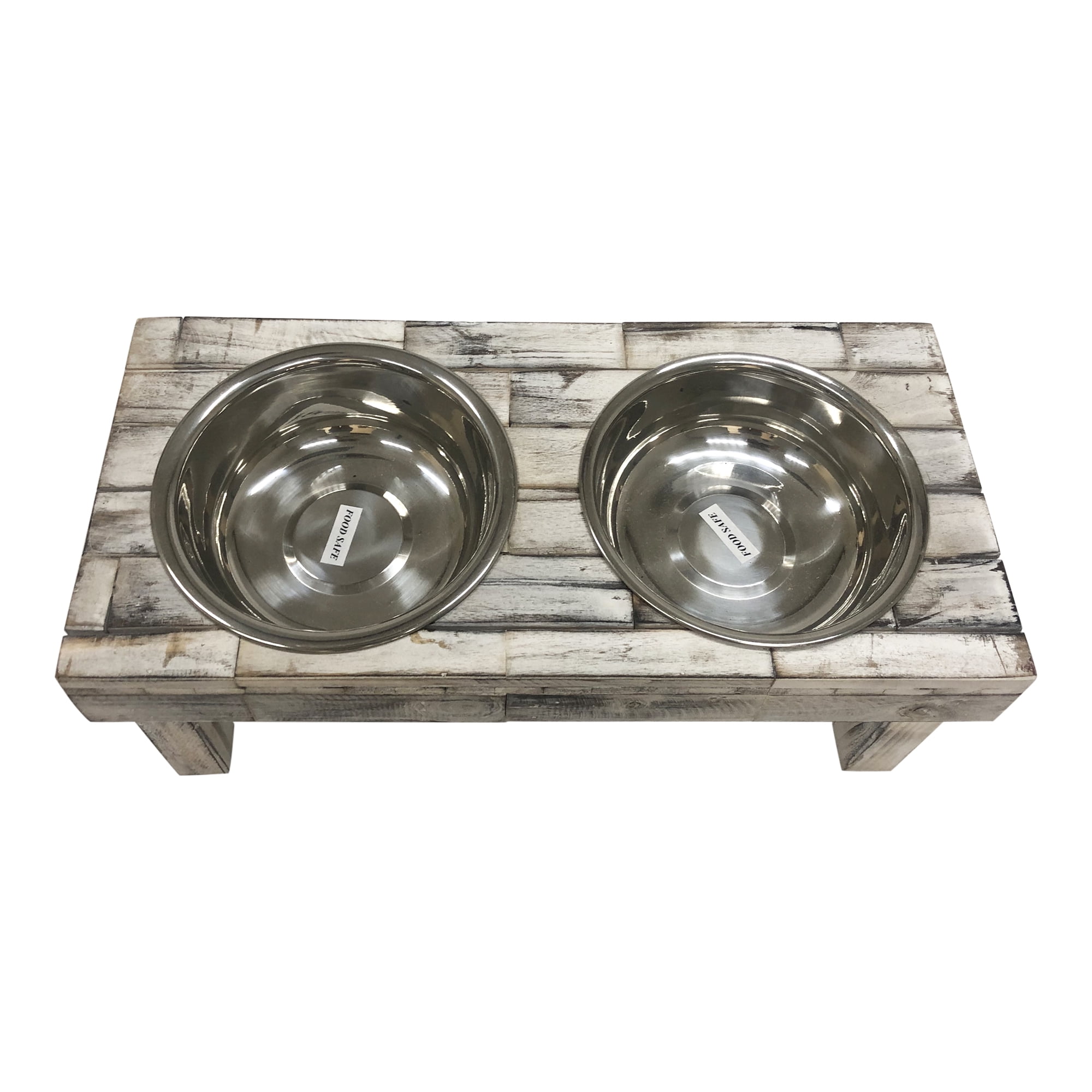 Huntley Pet Berjen Table Elevated Double Bowl Pet Feeder, White Wash (Small)