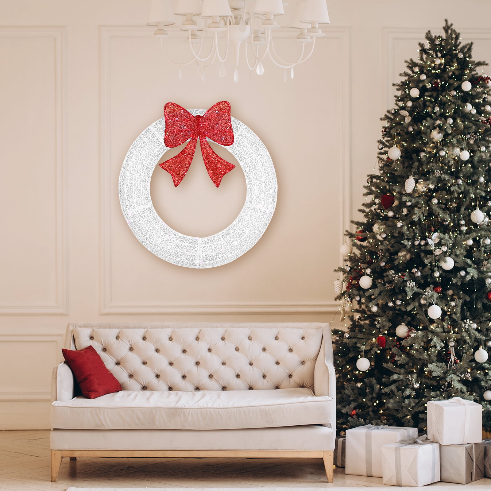 36in Pre-lit Outdoor Christmas Wreath Decoration, Lighted Metal Wreath with Red Bow, Remote Control LED Lights with Timer, for Front Door Gate Wall Indoor Outdoor Holiday Party, White