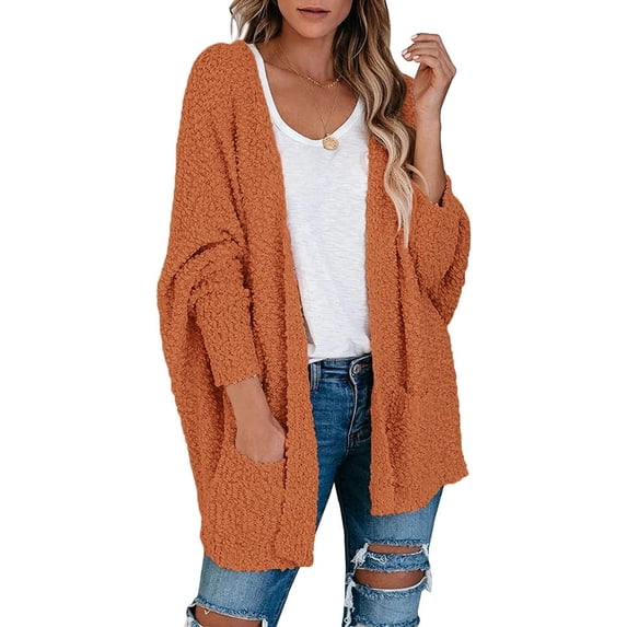 IFJIM Womens Chunky Knit Sweater Open Front Oversized Fuzzy Popcorn Batwing Sleeve Cardigan