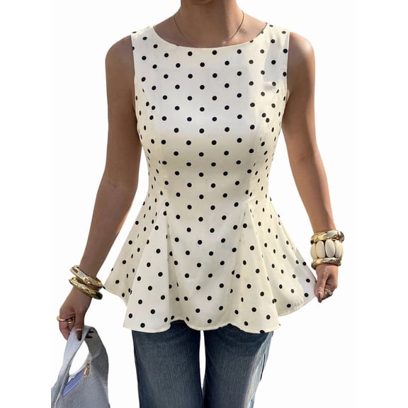 Women's Polka Dot Round Neck Sleeveless Peplum Blouse Ruffle Hem Bandeau Top Slim Fit Y2k Tank Tops Color S