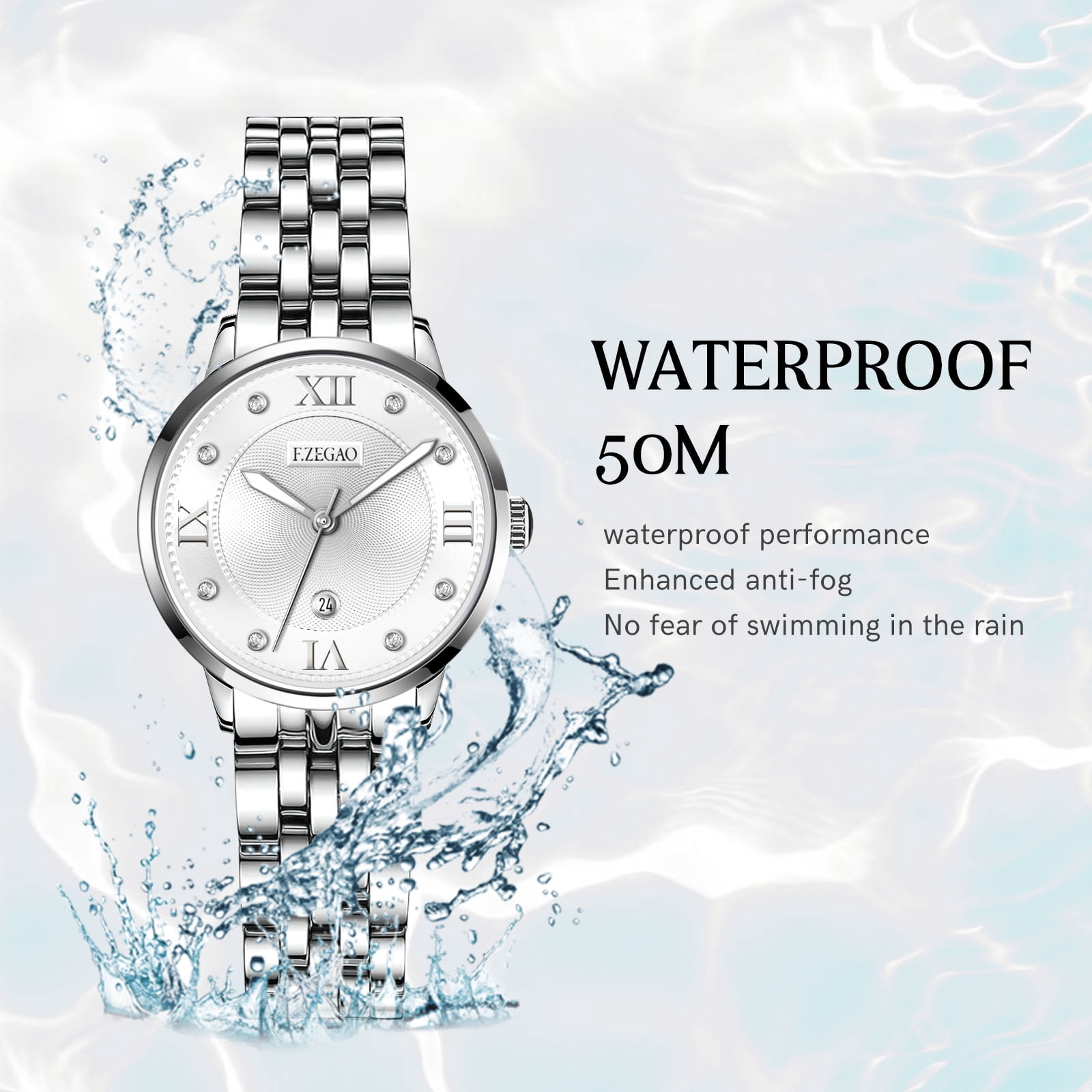 Analog Watches for Women, Diamond Luxury Women Dress Watches, Waterproof Date Display Royal Silver