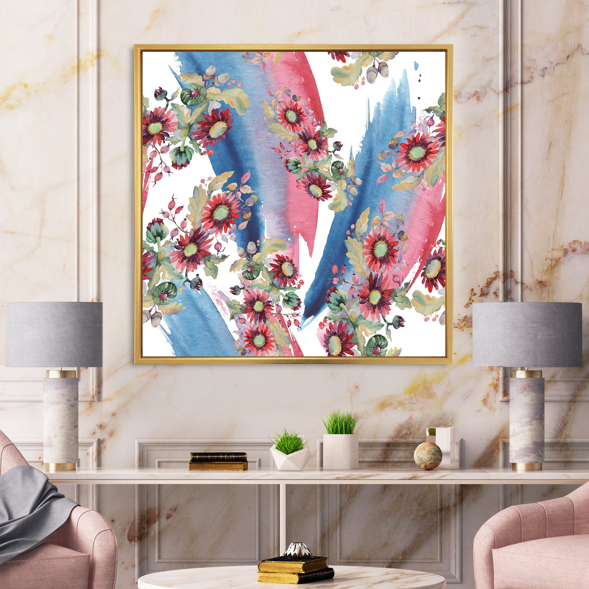 Designart 'Acorn Bouquet and Red Aster' Modern Framed Canvas Wall Art Print