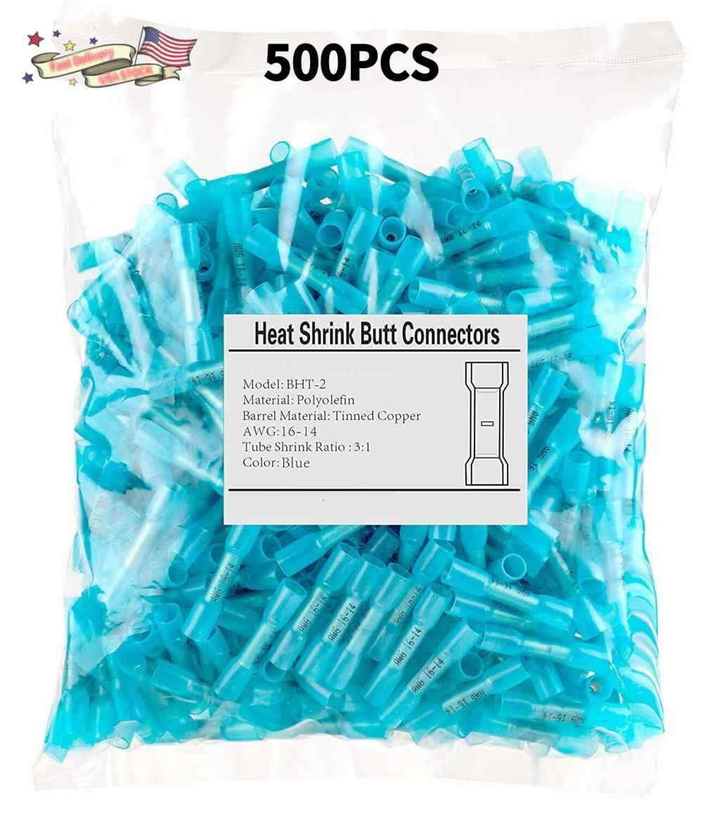 500Pcs Heat Shrink Waterproof Wire Connectors Blue 14-16AWG Butt Seal Terminals