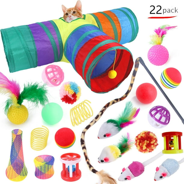 Juego de combinación de juguetes para gatos, divertido palo para gatos, arcoíris, tres canales, suministros para gatos, juego de 22 piezas